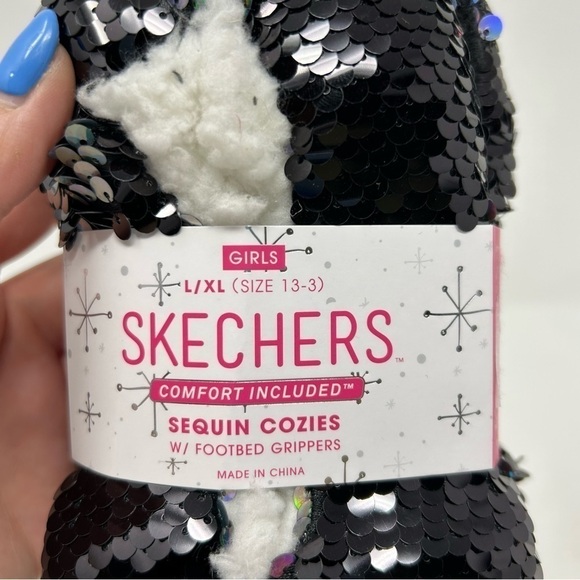 Sketchers Panda Sequin Cozy Socks Girls Size L/XL Black and Cute with Pink Bow - Picture 3 of 8